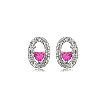 Brinco de coração cravejado de zircônia pink e cristal banho em ródio branco