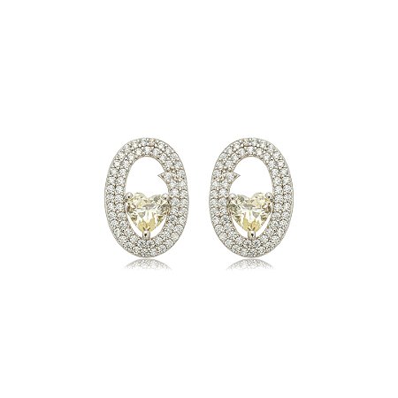 Brinco de coração cravejado de zircônia yellow fancy e cristal banho em ródio branco