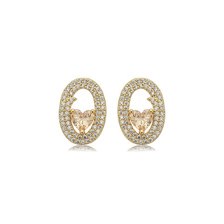 Brinco de coração cravejado de zircônia citrino e cristal banho em ouro 18k