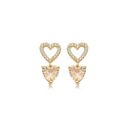 Brinco de coração cravejado de zircônia citrino e cristal banho em ouro 18k