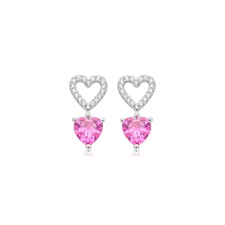 Brinco de coração cravejado de zircônia pink e cristal banho em ródio branco