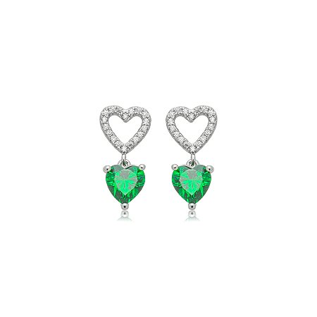 Brinco de coração cravejado de zircônia esmeralda e cristal banho em ródio branco