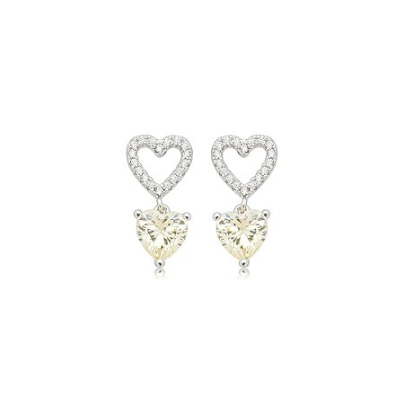 Brinco de coração cravejado de zircônia yellow fancy e cristal banho em ródio branco