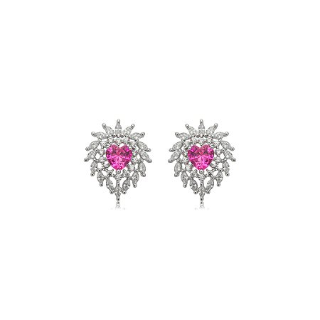 Brinco de coração cravejado de zircônia pink e cristal banho em ródio branco