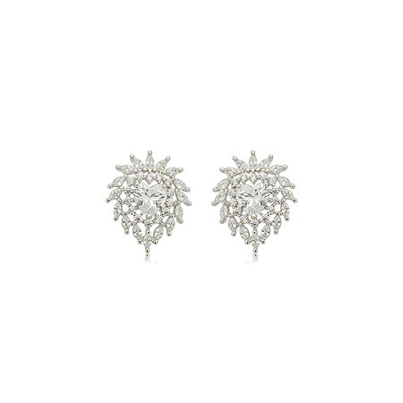 Brinco de coração cravejado de zircônia cristal banho em ródio branco