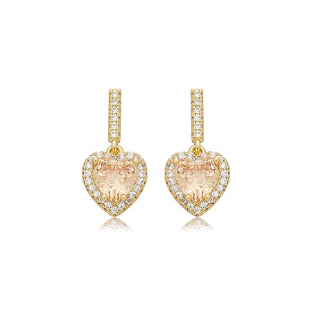 Brinco de coração cravejado de zircônia citrino e cristal banho em ouro 18k