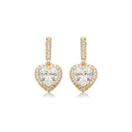 Brinco de coração cravejado de zircônia cristal banho em ouro 18k