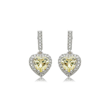 Brinco de coração cravejado de zircônia yellow fancy e cristal banho em ródio branco