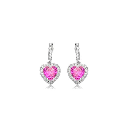 Brinco de coração cravejado de zircônia pink e cristal banho em ródio branco