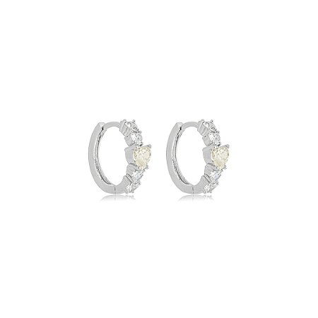 Brinco argola de coração cravejado de zircônia yellow fancy e cristal banho em ródio branco