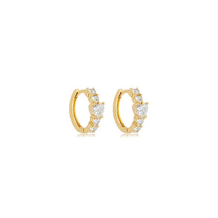 Brinco argola de coração cravejado de zircônia cristal banho em ouro 18k