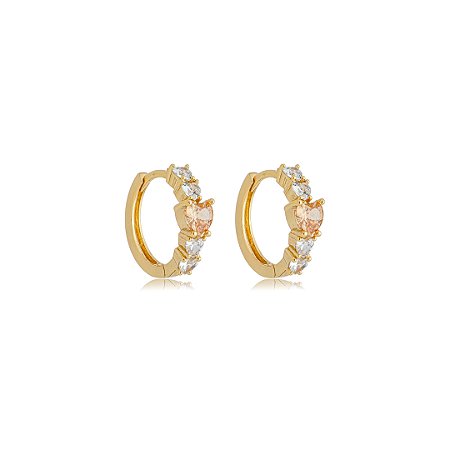Brinco argola de coração cravejado de zircônia citrino e cristal banho em ouro 18k