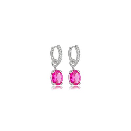 Brinco argola cravejado de zircônia pink e cristal banho em ródio branco