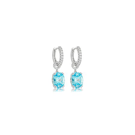 Brinco argola cravejado de zircônia acqua e cristal banho em ródio branco