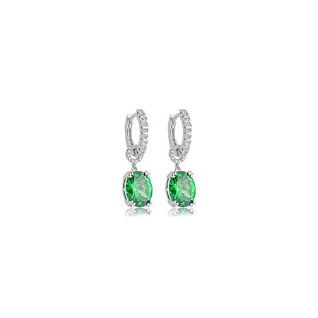 Brinco argola cravejado de zircônia esmeralda e cristal banho em ródio branco
