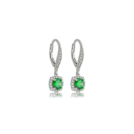 Brinco argola cravejado de zircônia esmeralda e cristal banho em ródio branco