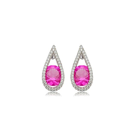 Brinco gota cravejado de zircônia pink e cristal banho em ródio branco