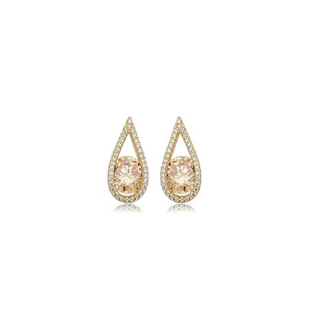 Brinco gota cravejado de zircônia citrino e cristal banho em ouro 18k