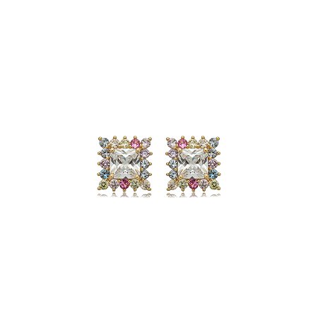 Brinco de base cravejado de zircônia rainbow banho em ouro 18k