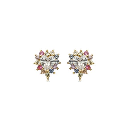 Brinco de base cravejado de zircônia rainbow banho em ouro 18k