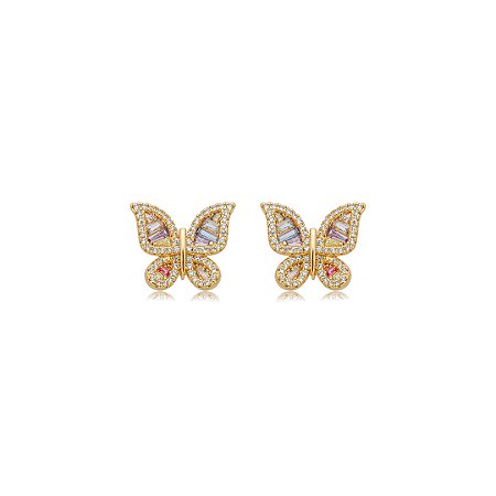 Brinco de borboleta cravejado de zircônia rainbow banho em ouro 18k