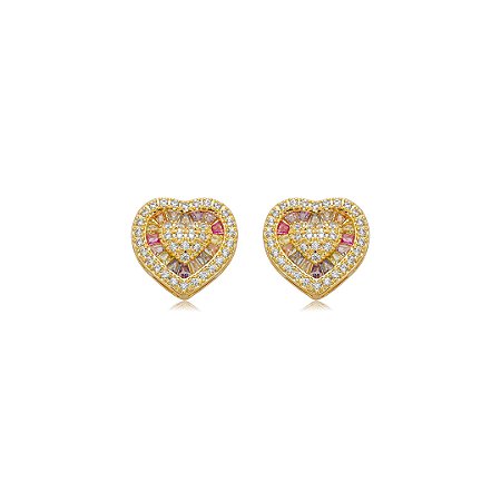Brinco de coração cravejado de zircônia rainbow banho em ouro 18k