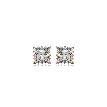 Brinco de base cravejado de zircônia rainbow banho em ródio branco