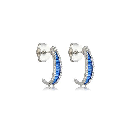 Brinco de argola cravejado de zircônia safira banho em ródio branco