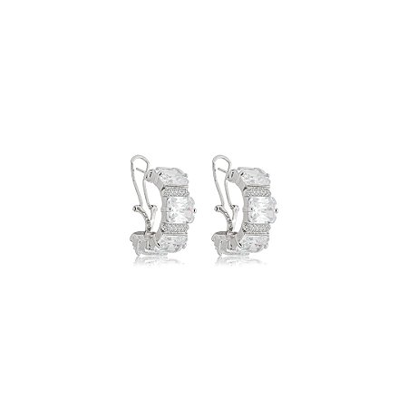 Brinco de argola cravejado de zircônia cristal banho em ródio branco