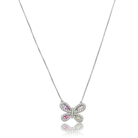 Colar com pingente cravejado de zircônia rainbow banho em ródio branco