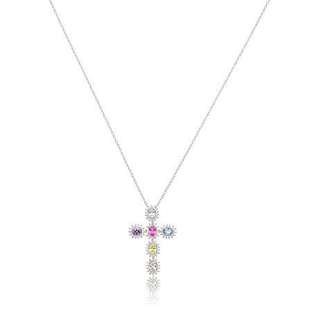 Colar com pingente cravejado de zircônia rainbow banho em ródio branco