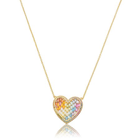 Colar com pingente cravejado de zircônia rainbow banho em ouro 18k