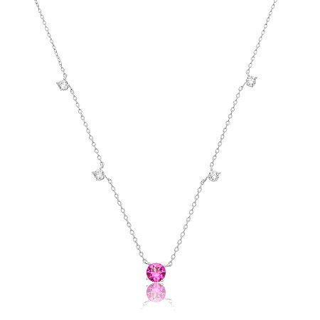 Colar com pingente cravejado de zircônia pink e cristal banho em ródio branco