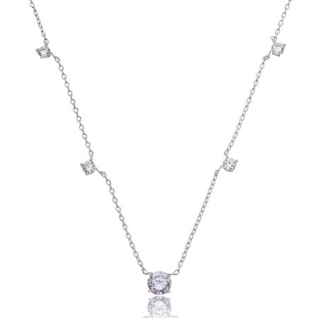 Colar com pingente cravejado de zircônia tanzanita e cristal banho em ródio branco
