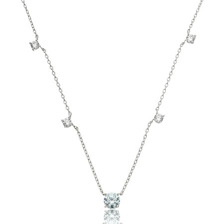 Colar com pingente cravejado de zircônia acqua e cristal banho em ródio branco
