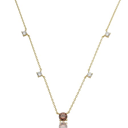Colar com pingente cravejado de zircônia granada e cristal banho em ouro 18k