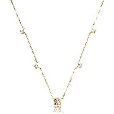 Colar com pingente cravejado de zircônia citrino e cristal banho em ouro 18k