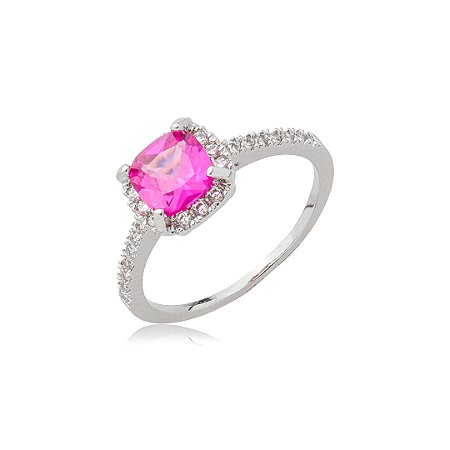 Anel cravejado de zircônia pink e cristal banho em ródio branco