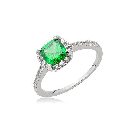 Anel cravejado de zircônia esmeralda e cristal banho em ródio branco