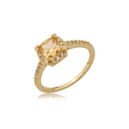 Anel cravejado de zircônia citrino e cristal banho em ouro 18k