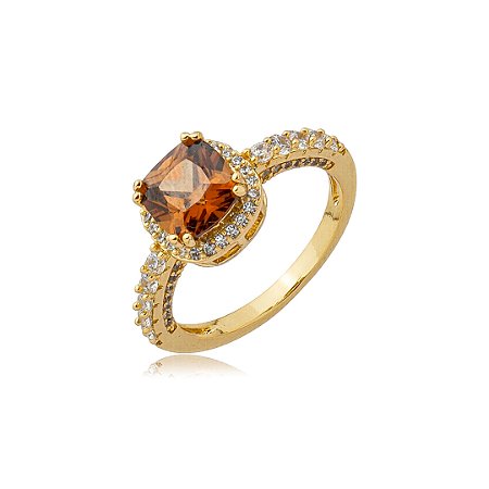 Anel cravejado de zircônia granada e cristal banho em ouro 18k