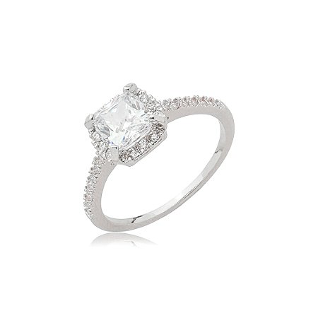 Anel cravejado de zircônia cristal banho em ródio branco