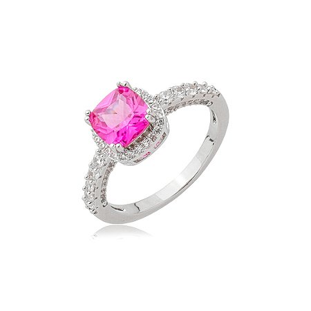 Anel cravejado de zircônia pink e cristal banho em ródio branco