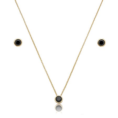 Conjunto de brinco e colar cravejado de zircônia ônix banho de ouro 18k