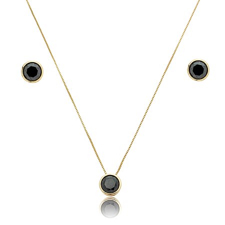 Conjunto de brinco e colar cravejado de zircônia ônix banho de ouro 18k