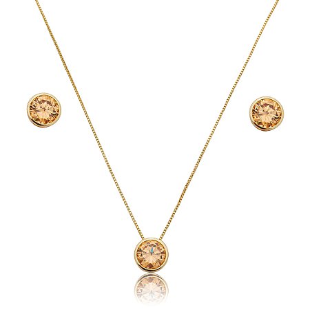 Conjunto de brinco e colar cravejado de zircônia citrino banho de ouro 18k