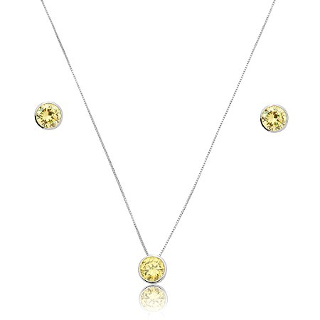 Conjunto de brinco e colar cravejado de zircônia yellow fancy banho de ródio branco