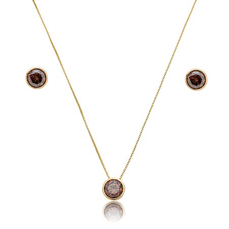 Conjunto de brinco e colar cravejado de zircônia granada banho de ouro 18k