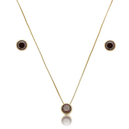 Conjunto de brinco e colar cravejado de zircônia granada banho de ouro 18k