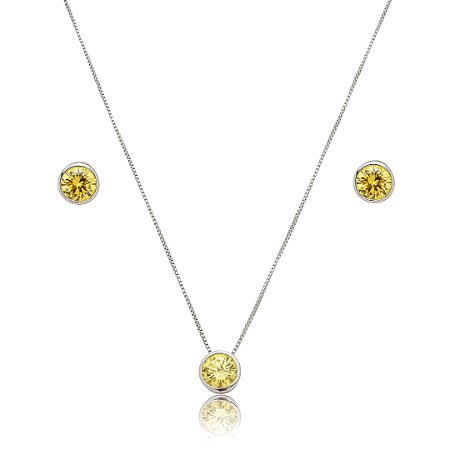 Conjunto de brinco e colar cravejado de zircônia yellow fancy banho de ródio branco